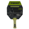 Rakietka POINT GREEN – detal główki z okładziną 1,5 mm, 7-warstwowa deska, parametry: kontrola 100/rotacja 70